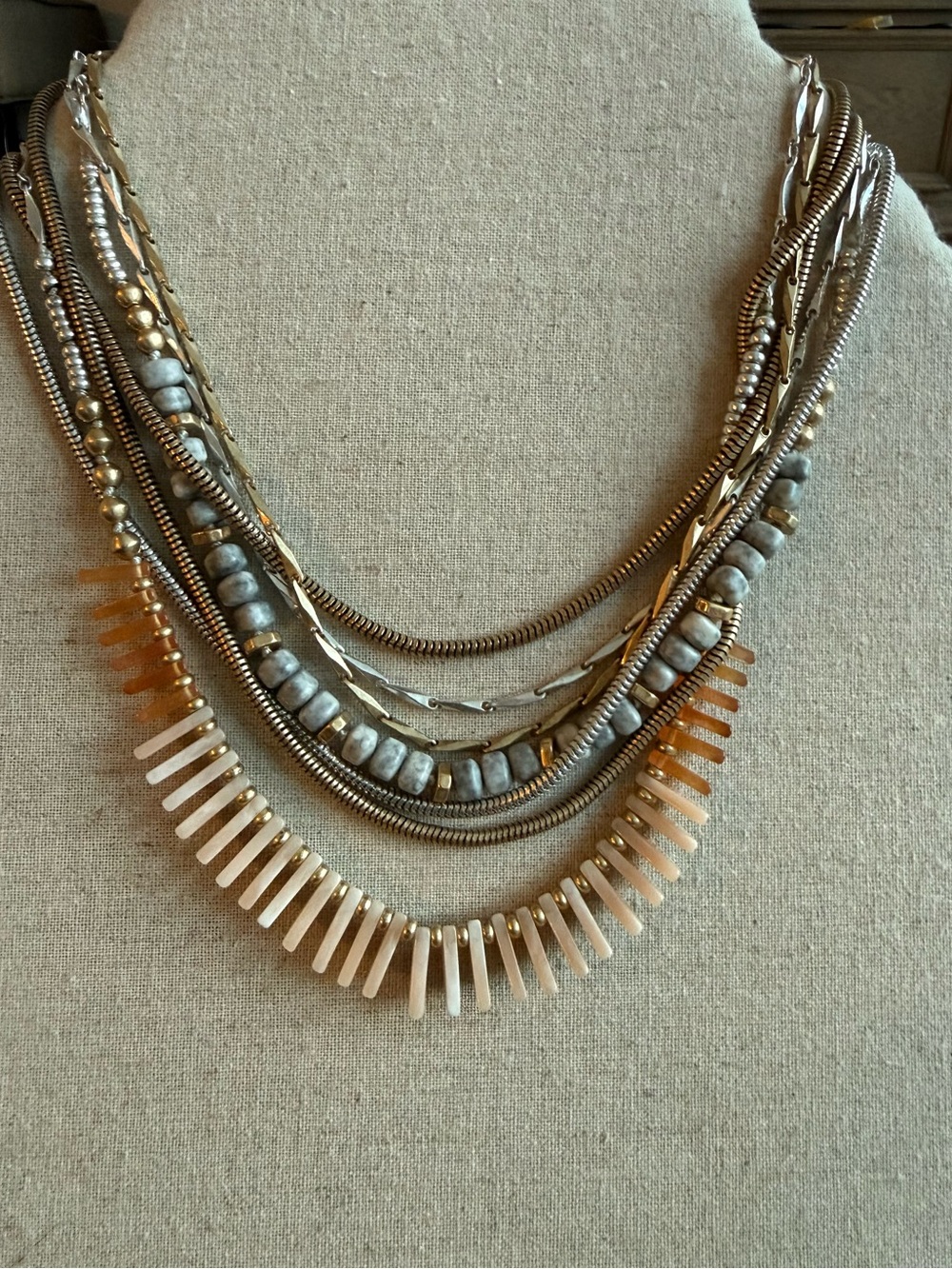 Stella & Dot Layered Gray Bead and Gold Multi-Strand Necklace